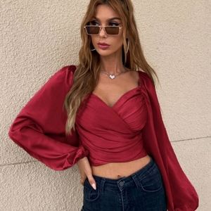 Red shirt puffy arms long-sleeved medium Burgundy criss cross front top